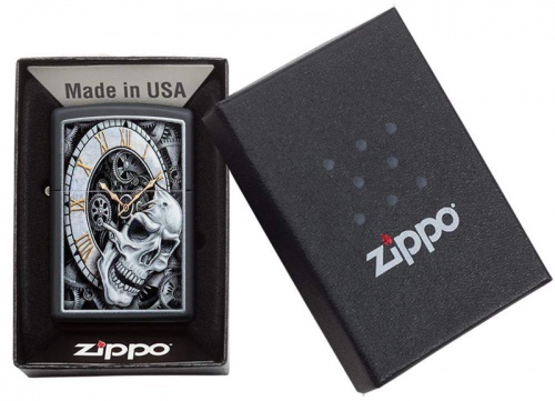 Зажигалка Zippo Skull Clock Design с покрытием Black Matte, латунь/сталь, чёрная, матовая, 36x12x56 фото 3