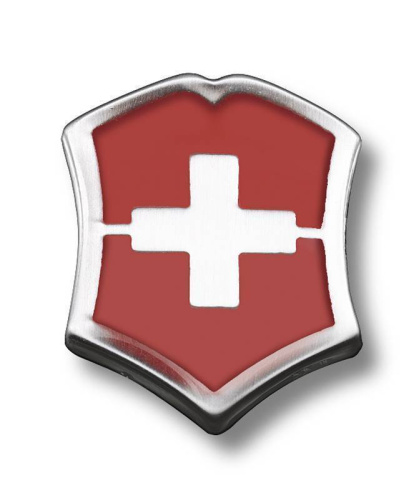 Значок Victorinox в форме креста на щите, металлический, красно-серебристый