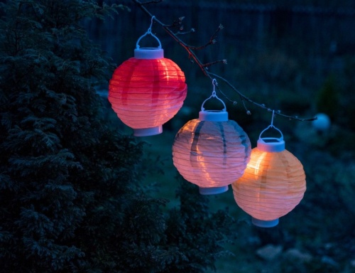 Подвесные садовые светильники Solar "Китайские фонарики с 'танцующим' пламенем" на солнечной батарее, цветные, 12 тёплых LED-огней, 20х23 см (3 шт.), Kaemingk (Lumineo) фото 5