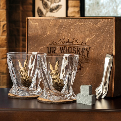 Набор из 2х бокалов для виски Квадро с накладкой "Заяц", упаковка Mr Whiskey