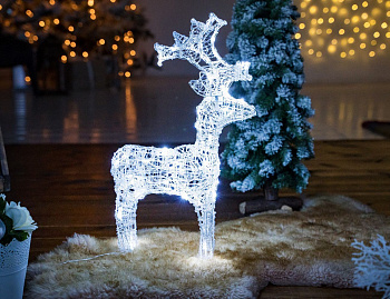 Светящаяся фигура АЖУРНЫЙ ОЛЕНЬ прозрачные акриловые нити, 50 холодных белых LED-огней, мерцающий, 60 см+5 м, уличный, Kaemingk