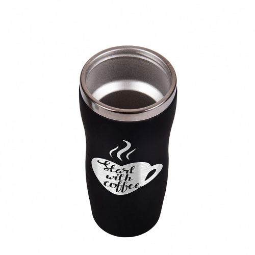 Термокружка "Start with Coffee" в красном и чёрном цветах, изготовленная из нержавеющей стали, представленная в подарочной упаковке фото 6