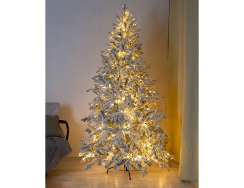 Искусственная елка с лампочками Россо Премиум заснеженная, тёплые белые LED статичное свечение, ЛИТАЯ + ПВХ, GREEN TREES