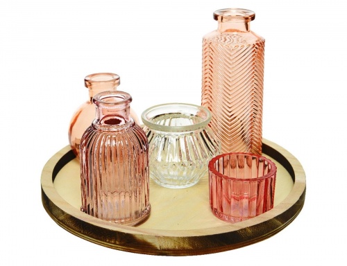 Набор вазочек и подсвечников "Розовый кварц" на подносе, стекло, дерево, Kaemingk фото 2
