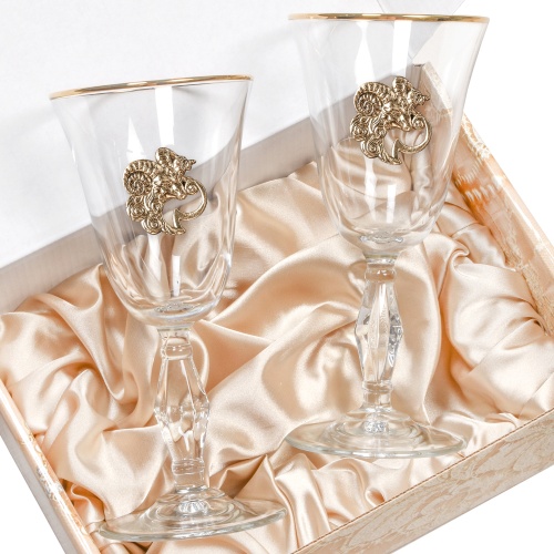 Набор бокалов для вина/шампанского (2 шт) "Ретро" с накладкой "Овен" в подарочной картонной упаковке, ложемент золотистый шелк фото 4