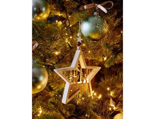 Светящееся новогоднее украшение ЗВЕЗДА С ПЕЙЗАЖЕМ, дерево, 2 тёплых белых LED-огня, 14 см, батарейки, Kaemingk (Lumineo) фото 3