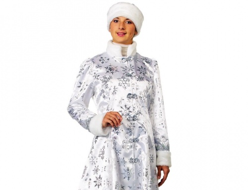 Костюм Снегурочки сатиновый, серебряный со снежинками, размер 48-50, Батик фото 2