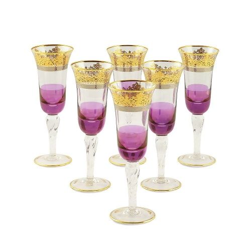 LUCIANA Бокал для шампанского, набор 6 шт, хрусталь фиолетовый/декор золото 24К