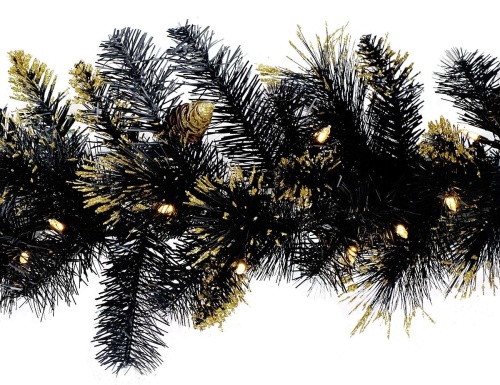 Хвойная гирлянда с лампочками Golden Black Bristle с шишками, чёрная, хвоя - леска+PVC, 70 тёплых белых LED-огней, 274х25 см, батарейки, National Tree Company фото 3
