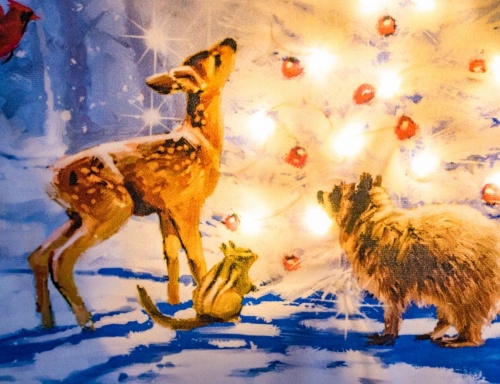 Светящаяся картина "Новогодний лес" (зверушки у на полянке), полиэстер, тёплые белые и цветные LED-огни, 55x82 см, таймер, батарейки, Kaemingk фото 4