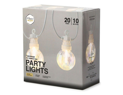 Светодиодная гирлянда из лампочек Party Lights - РАДУЖНЫЕ ШАРИКИ,  20 тёплых белых LED-огней, 10 м, коннектор, белый провод, уличная, Winter Deco фото 3