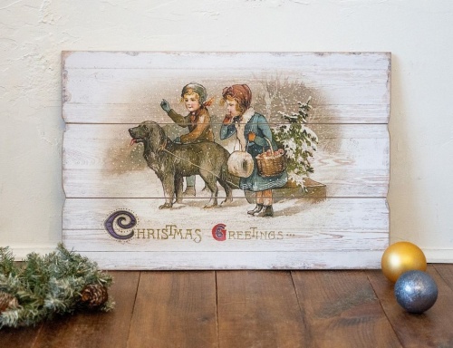 Панно "Винтажная открытка - дети с собакой везут ёлку", дерево, 1.8x40x60 см, Kaemingk фото 2