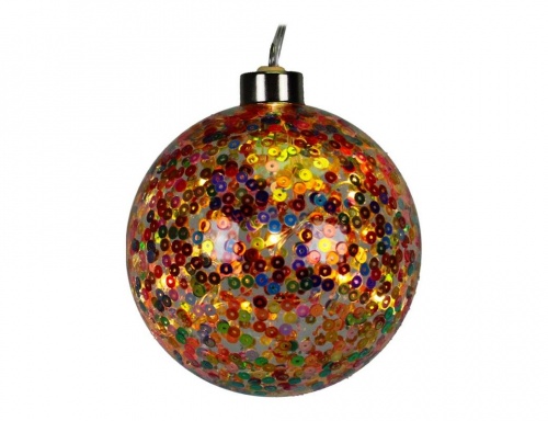 Светящийся ёлочный шар "Пёстрые пайетки", стекло, тёплые белые микро LED-огни, 10 см, Peha Magic фото 2