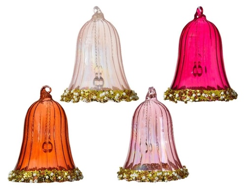 Набор стеклянных ёлочных колокольчиков JINGLE BELLS, нежно-розовый, янтарный, магнолия и розовый бархат, 8.3 см (упаковка 12 шт.), Kaemingk (Decoris) фото 2
