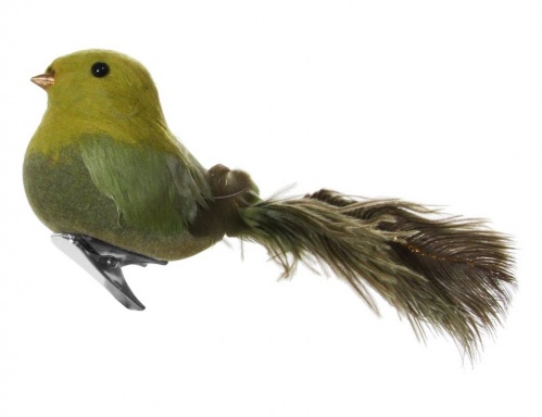 Ёлочная игрушка "Стильная птичка" на клипсе, оливковая, перо, 17 см, SHISHI фото 3
