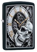 Зажигалка Zippo Skull Clock Design с покрытием Black Matte, латунь/сталь, чёрная, матовая, 36x12x56