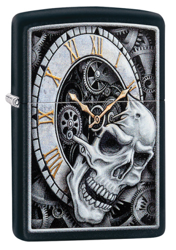 Зажигалка Zippo Skull Clock Design с покрытием Black Matte, латунь/сталь, чёрная, матовая, 36x12x56