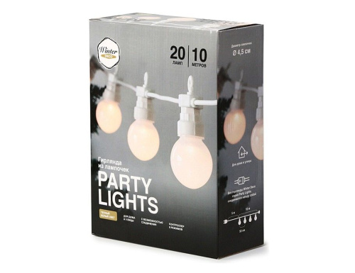 Светодиодная гирлянда Party Lights - ЛАМПОВОЕ НАСТРОЕНИЕ, 20 тёплых белых LED-огней, 10 м, контроллер, коннектор, белый провод, уличная, Winter Deco фото 3
