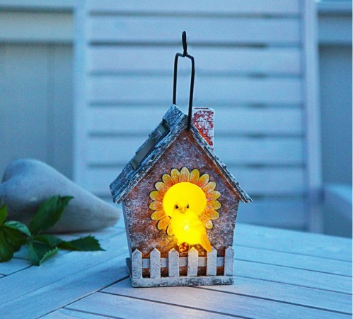 Садовый фонарик "Скворечник с птичкой", полистоун, тёплый белый LED-огонь, солнечная батарея, 12х15х8 см, STAR trading фото 3