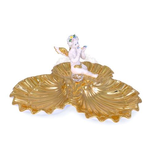LAGUNA Ракушка тройная с ангелом 42х42хН25 см, керамика, цвет белый, декор золото, swarovski фото 2