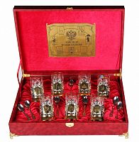 Набор из семи никелированных подстаканников с позолотой Золотое кольцо России в большой шкатулке (грав)