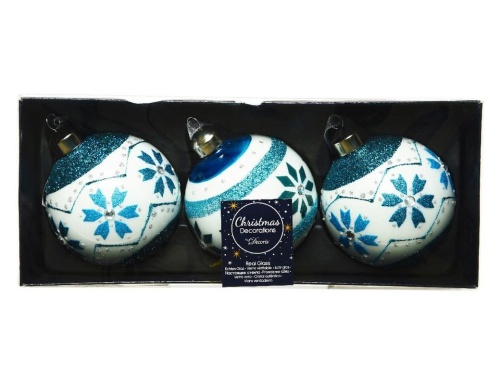 Набор стеклянных ёлочных шаров БИРЮЗОВАЯ ЗИМА, белый и голубой, 8 см (упаковка 3 шт.), Kaemingk (Decoris) фото 2