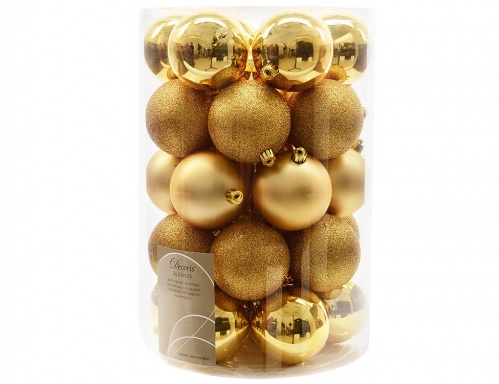 Набор пластиковых шаров "Золотая коллекция" (глянцевые, матовые, глиттер), 80 мм, упаковка 34 шт., Kaemingk