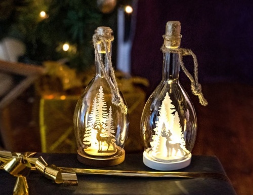 Новогодний светильник бутыль "Лесной олень", белый, стекло, дерево, тёплый белый LED-огонь, 9х9х22 см, батарейки, Peha Magic фото 2