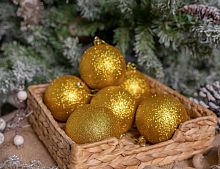 Набор однотонных пластиковых шаров, глиттер, золотой, 80 мм, упаковка 6 шт., Winter Deco