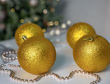Набор однотонных пластиковых шаров, глиттер, золотой, 100 мм, упаковка 4 шт., Winter Deco