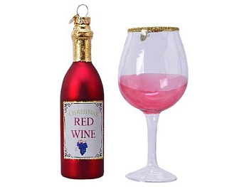 Набор ёлочных игрушек MAGIC RED WINE (бутылочка и бокал), стекло, 12.5 и 13.5 см, Kaemingk (Decoris)