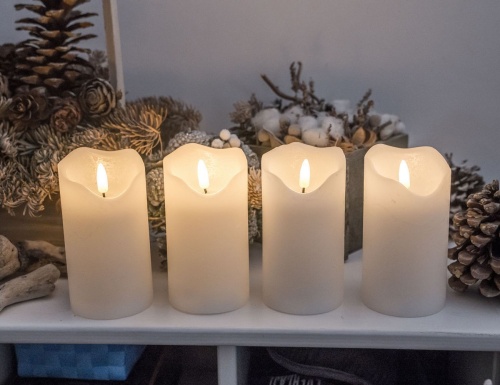 Набор светодиодных восковых свечей ЖИВАЯ ДУША, тёплые белые LED-огни мерцающие, 'натуральные фитильки', 7х13 см (4 шт.), ПДУ, Kaemingk (Lumineo) фото 6