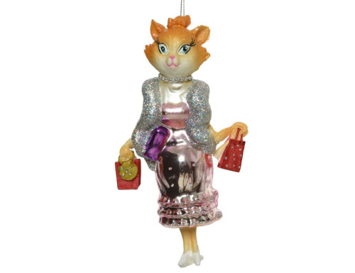 Ёлочная игрушка СВЕТСКАЯ КОШЕЧКА в розовом наряде, стекло, 17 см, Kaemingk