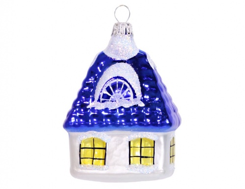 Елочная игрушка "Домик", серебряный с синей крышей, Елочка
