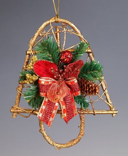 Новогоднее украшение "Колокольчик" из ротанга с красной магнолией , 20 см, Holiday Classics