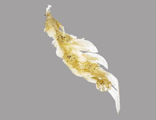 Новогоднее украшение "Бальный павлин" на клипсе, перо, текстиль, кремовый с золотым, 56 см, Goodwill фото 3