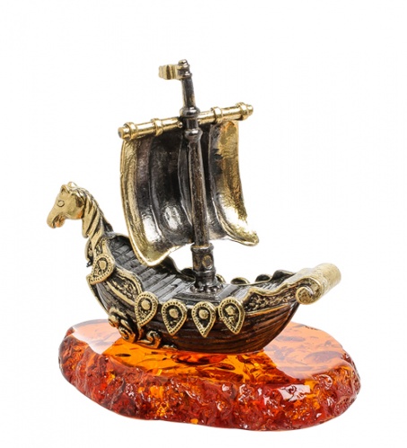 AM-1560 Фигурка "Корабль Ладья славянская" (латунь, янтарь) фото 2