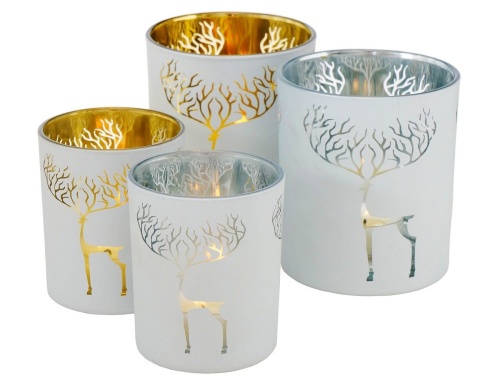 Стеклянные подсвечники под чайные свечи ЛЕНЗА - ОЛЕНИ, белые с серебряным, набор - 2 шт., Boltze фото 2