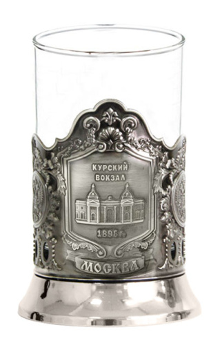Стакан-подстаканник "Курский вокзал (штамп)" с никелированным подстаканником, стеклянный стакан, упаковка в декоративном картоне фото 2