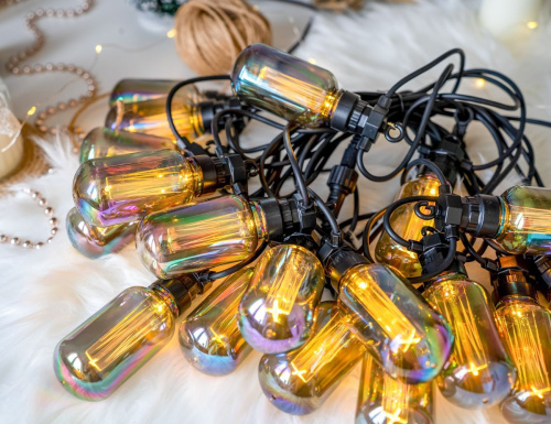 Светодиодная гирлянда из лампочек Party Lights - БАРАТОЛЛИ 'бензиновая', 20 тёплых белых LED-огней, 10 м, коннектор, чёрный провод, уличная, Winter Deco фото 4