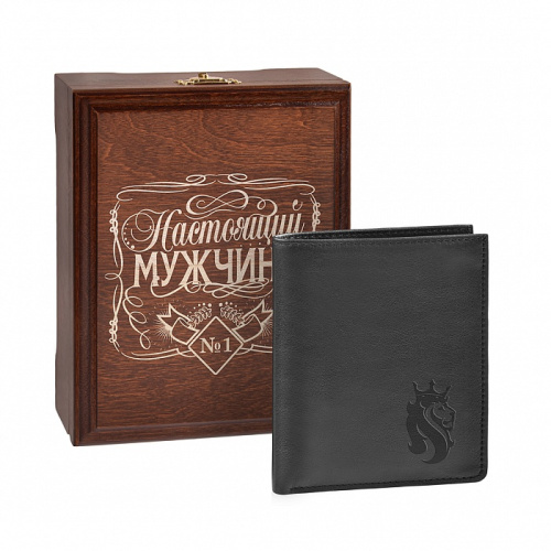 Кошелёк мужской, черный, "Лев", в деревянной шкатулке с гравировкой "Настоящий мужчина" (№ 1) фото 5