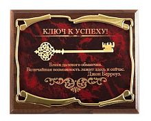 Плакетка от производителя: "Ключ к успеху! Блеск далекого обманчив - ДБерроуз", размеры 26*20 см, материалы МДФ и металл, цвет бордовый