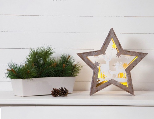 Светящаяся объёмная миниатюра "Олений уголок" (звезда), дерево, 10 тёплых белых LED-огней, батарейки, 34х32х6 см, STAR trading фото 4
