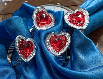 Набор колец для салфеток "Бриллиантовый стиль", сердечки, красные, 4 см (комплект - 4 шт.), BILLIET