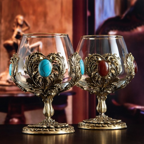 Набор из двух бокалов для коньяка с нататуральным камнем и искуственным камнем (Бирюза+Сердолик) дерев. шкатулка фото 13