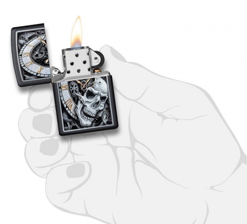 Зажигалка Zippo Skull Clock Design с покрытием Black Matte, латунь/сталь, чёрная, матовая, 36x12x56 фото 4