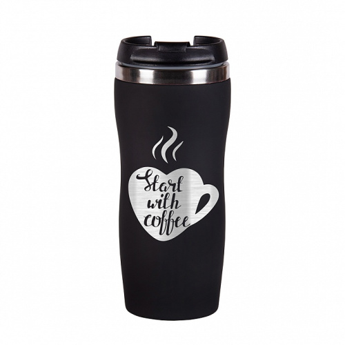 Термокружка "Start with Coffee" в красном и чёрном цветах, изготовленная из нержавеющей стали, представленная в подарочной упаковке фото 3