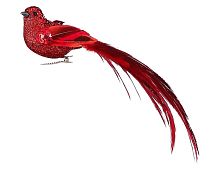 Декоративная птичка ДИТЯ ЗАКАТА на клипсе, перо, красная, 22 см, Edelman