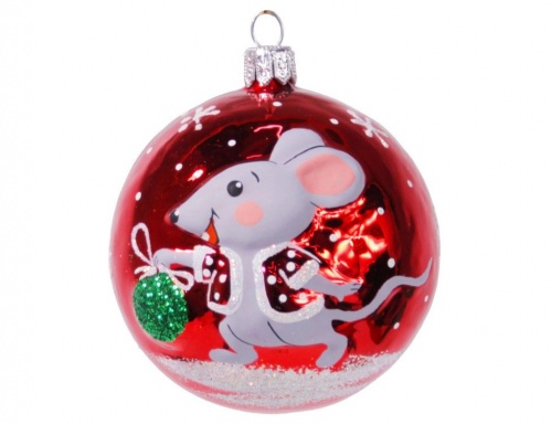 Елочный шар "Талисман - символ года - мышь", красный, 75 мм, Елочка