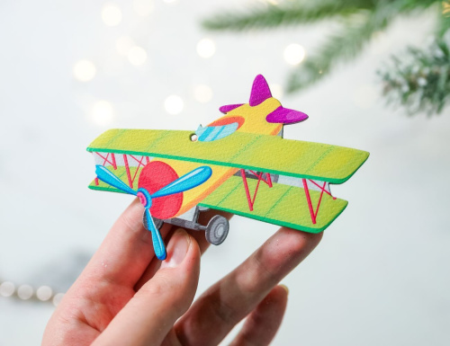 Ёлочная игрушка САМОЛЁТ, коллекция КРАСКИ ДЕТСТВА, дерево, 10 см, МанузинЪ фото 3